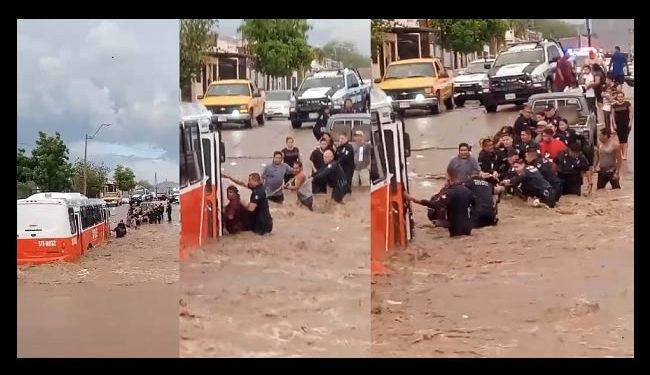 Salvan a pasajeros de camión urbano que se quedó varado en un arroyo “crecido” por las lluvias en Hermosillo