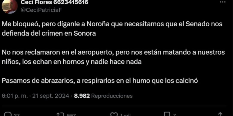 Noroña bloquea a Ceci Flores; “díganle que necesitamos que el Senado nos defienda del crimen en Sonora”