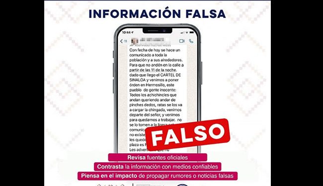 Desmienten mensaje distribuido en redes de la supuesta llegada de integrantes del Cártel de Sinaloa a Sonora
