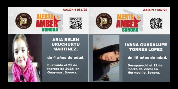Activa FGJE alertas AMBER por desaparición de una menor y una adolescente en Guaymas y Hermosillo