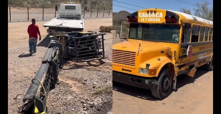 Montacarga cae de una grúa en movimiento en carretera y golpea camión de pasajeros local en Caborca