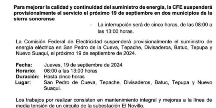 ¿Por qué suspendieron el suministro de luz en estas comunidades de Sonora hoy 19 de septiembre?