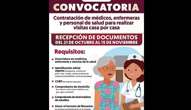 Lanzan convocatoria para contratación de médicos y enfermeras para atender el programa Salud Casa por Casa