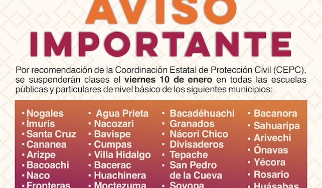 Por segunda tormenta invernal, autoridades de Sonora mantienen suspensión de clases en educación básica de 30 municipios