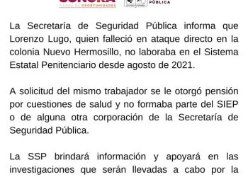 Investigan homicidio de extrabajador penitenciario en Sonora