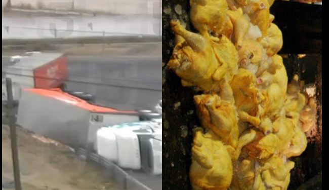 Tráiler de Bachoco vuelca en Ecatepec y se hace presente la rapiña