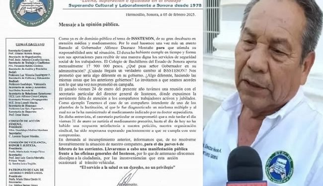 Piden trabajadores del COBACH al Gobernador solución al desabasto de medicamentos en el ISSSTESON