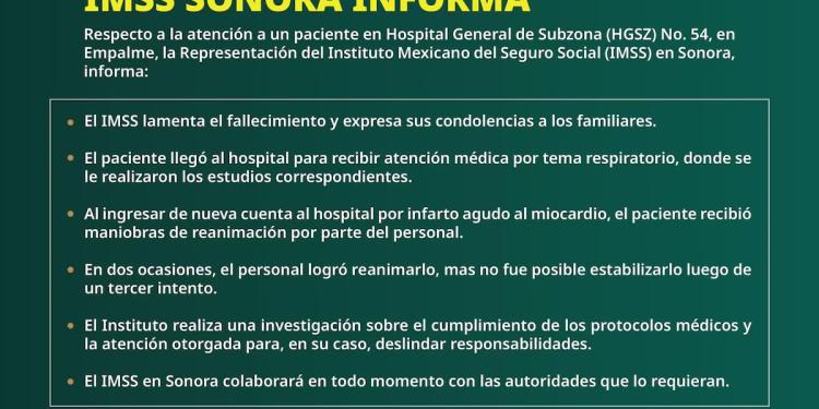 Paciente muere tras recibir alta en IMSS de Sonora; investigan posible negligencia