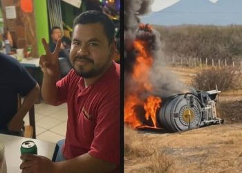 Conductor muere calcinado tras volcar su tractocamión cargado de gasolina en Sonora; bomberos combaten siniestro