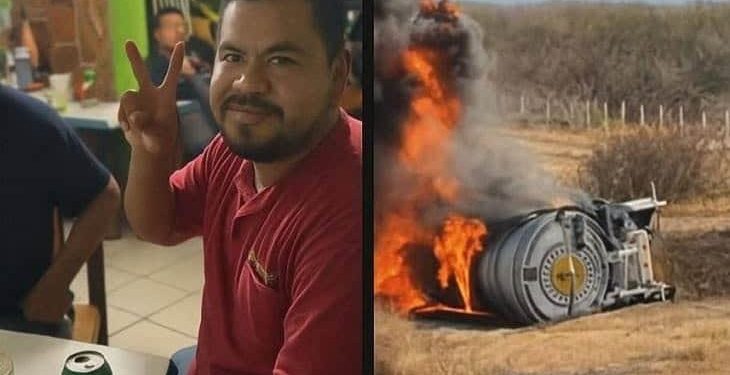 Conductor muere calcinado tras volcar su tractocamión cargado de gasolina en Sonora; bomberos combaten siniestro