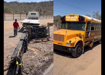Montacarga cae de una grúa en movimiento en carretera y golpea camión de pasajeros local en Caborca