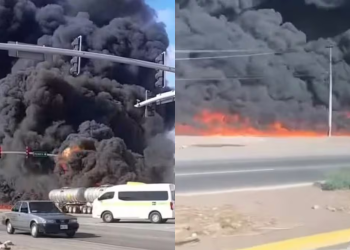 Explota pipa de combustible tras chocar con tren en Cajeme, bomberos sofocan las llamas