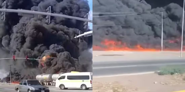 Explota pipa de combustible tras chocar con tren en Cajeme, bomberos sofocan las llamas