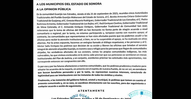 Gobernadores Tradicionales Guarijíos reiteraron su llamado para que sean liberadas las oficinas del INPI en San Bernardo.