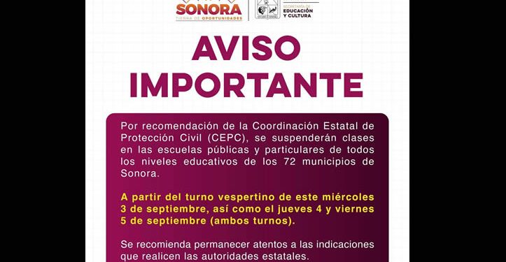 Emite Gobierno del Estado de Sonora medidas preventivas para el sector educativo ante pronóstico de lluvias: SEC