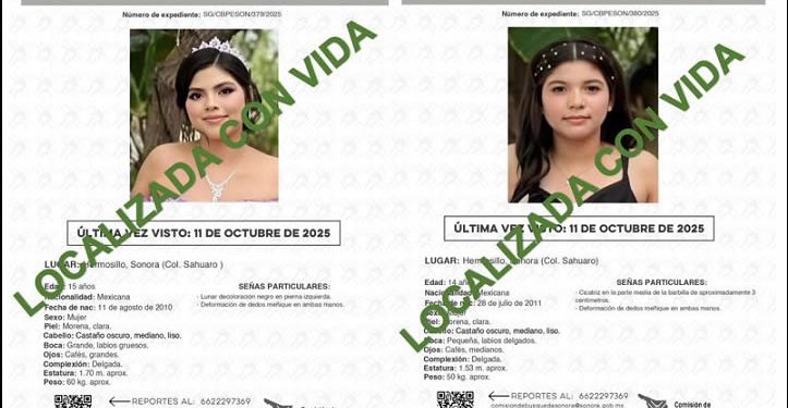 Adolescentes de 14 y 15 años son localizadas con vida tras reporte de desaparición en Hermosillo
