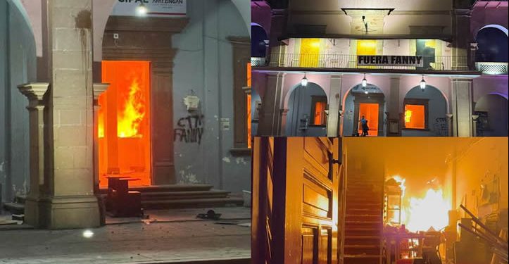 Manifestantes incendian Palacio Municipal de Apatzingán, mientras viuda de Carlos Manzo llama a protestas pacíficas