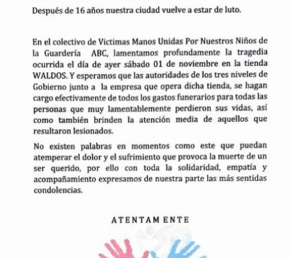 Deudos de la Guardería ABC se solidariza con familiares de víctimas del incendio en Waldos