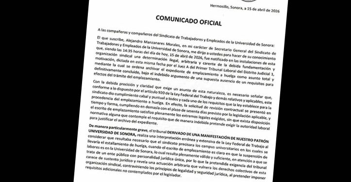 Reporta STAUS archivo de emplazamiento a huelga por orden judicial