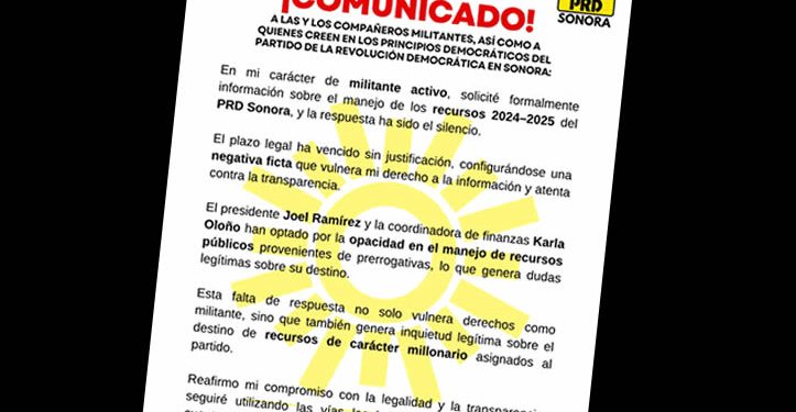 Militante del PRD en Cajeme denuncia opacidad en manejo de recursos del partido