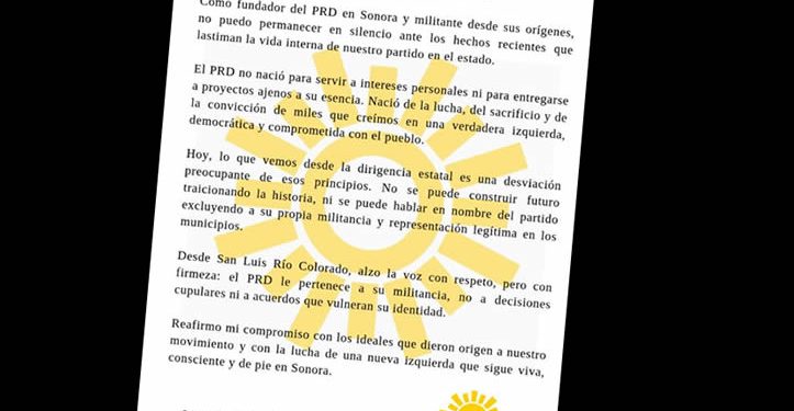 Regidor de San Luis Río Colorado denuncia desvío de principios en dirigencia estatal del PRD