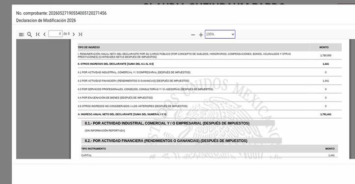 Sheinbaum presenta declaración patrimonial 2026; reporta ingresos por 1.79 millones de pesos