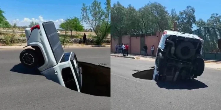 Enorme socavón se traga camioneta en Hermosillo: “Me tocó la mala suerte”