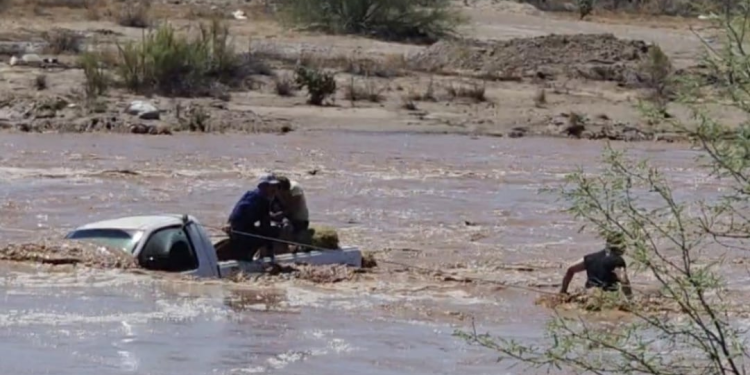 Rescatan con vida a familia arrastrada por creciente del Río Asunción en Caborca, también salvan a sus dos perros