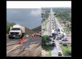 Unidad que transportaba ácido sulfúrico en una cisterna choca y derrama la sustancia peligrosa en la cinta asfáltica