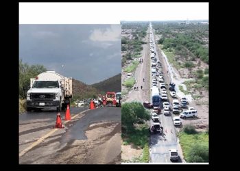 Unidad que transportaba ácido sulfúrico en una cisterna choca y derrama la sustancia peligrosa en la cinta asfáltica