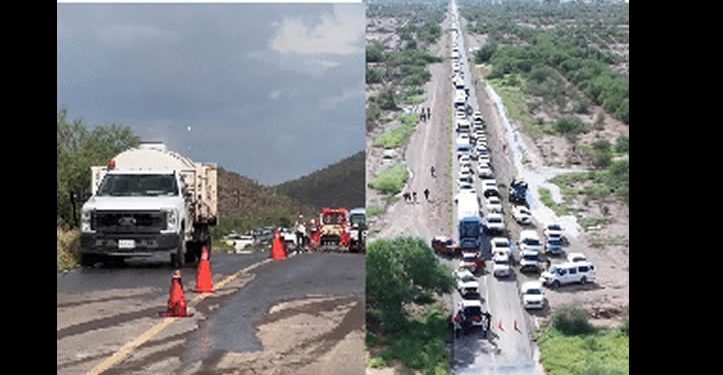 Unidad que transportaba ácido sulfúrico en una cisterna choca y derrama la sustancia peligrosa en la cinta asfáltica