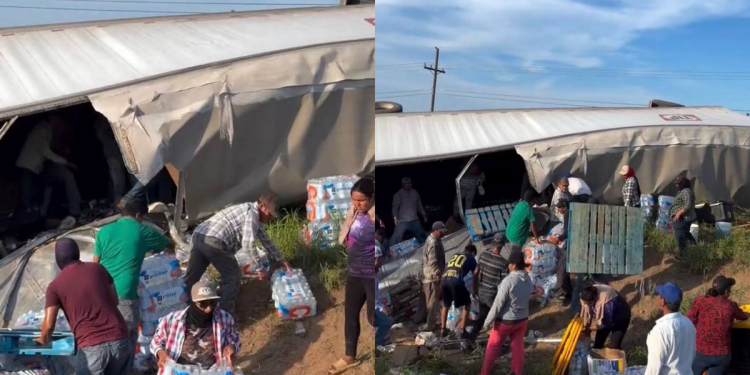 Rapiña tras volcadura de tráiler con agua en la carretera México 15, cerca de Sinaloa y Sonora