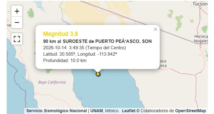 Sismo de magnitud 3.8 sacude las costas de Puerto Peñasco