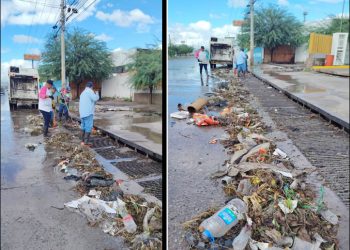 Realizan trabajadores del Ayuntamiento de Hermosillo limpieza de rejillas pluviales por las lluvias de este domingo