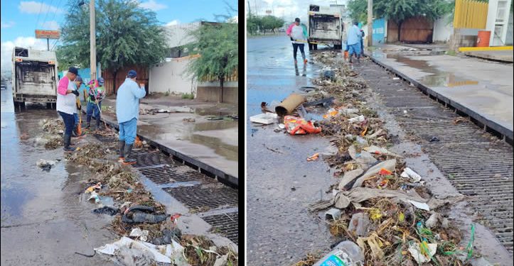 Realizan trabajadores del Ayuntamiento de Hermosillo limpieza de rejillas pluviales por las lluvias de este domingo